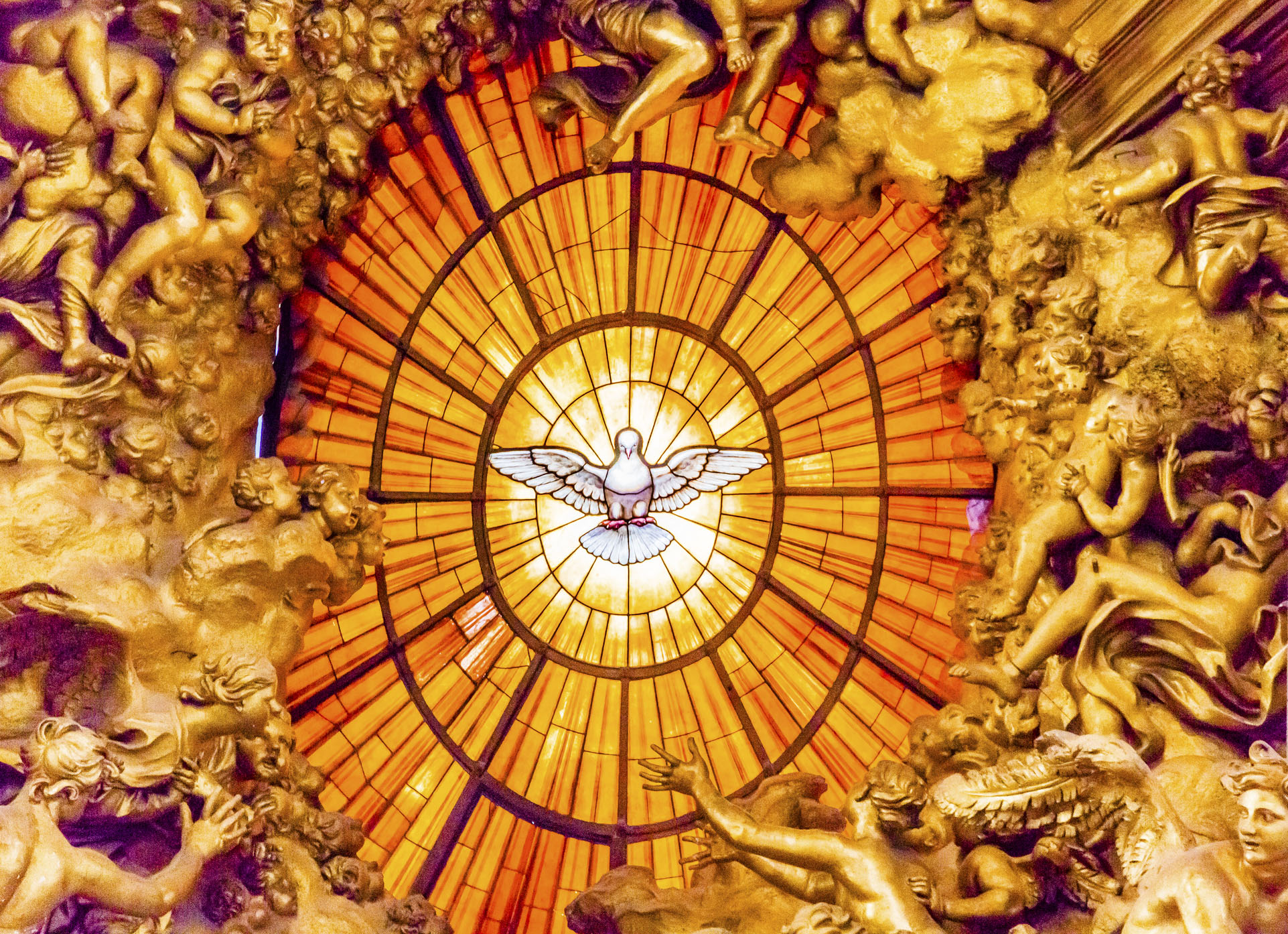 Throne Bernini Holy Spirit Dove Saint Peter's Basilica Vatican Rome Italy.  Bernini created Saint Peter's Throne with Holy Spirti Dove Stained Glass Amber in 1600s
